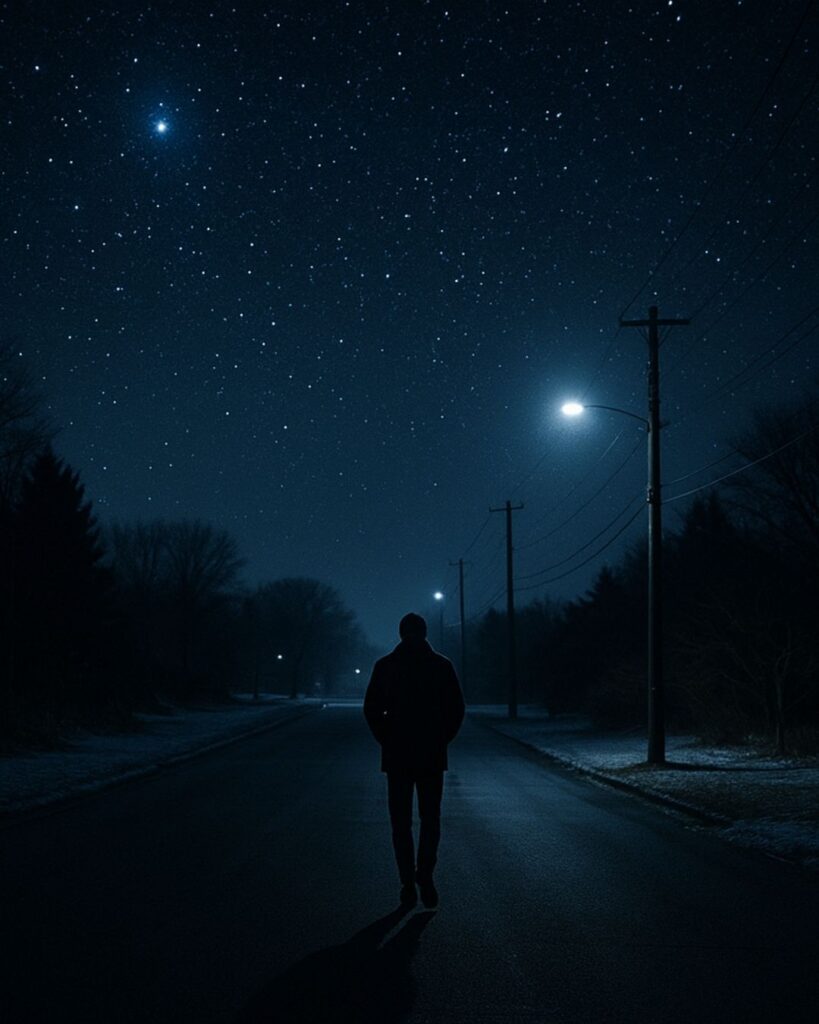 若山牧水の冬の短歌5選-代表作をわかりやすく解説!「星あをく ながれて闇に かげひきぬ わがふところ手 さむし街路ゆく」この短歌をイメージした画像