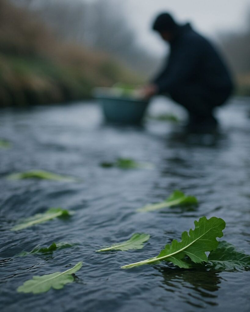 高浜虚子の冬の俳句5選-代表作をわかりやすく解説!「流れ行く 大根の葉の 早さかな」この俳句をイメージした画像