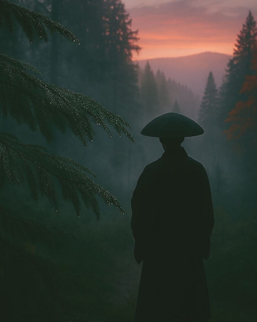 百人一首第87番 寂蓮『村雨の』背景解説–霧立つ夕べ「村雨の　露もまだ干ぬ　真木の葉に　霧立ちのぼる　秋の夕暮れ」の情景をテーマにしたイメージの画像
