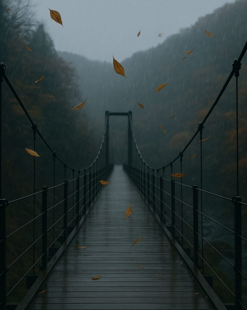 水原秋桜子の冬の俳句5選-代表作をわかりやすく解説!「吊橋に 木の葉高舞ふ 夕時雨」この俳句をイメージした画像