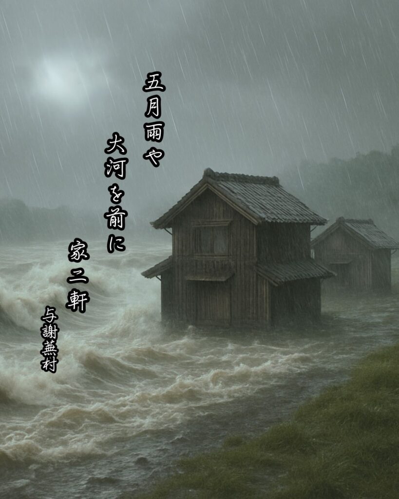 与謝蕪村の俳句まとめ ― 生涯・作風・名句・俳句一覧 ―「五月雨や　大河を前に　家二軒」与謝蕪村作俳句イメージ画像