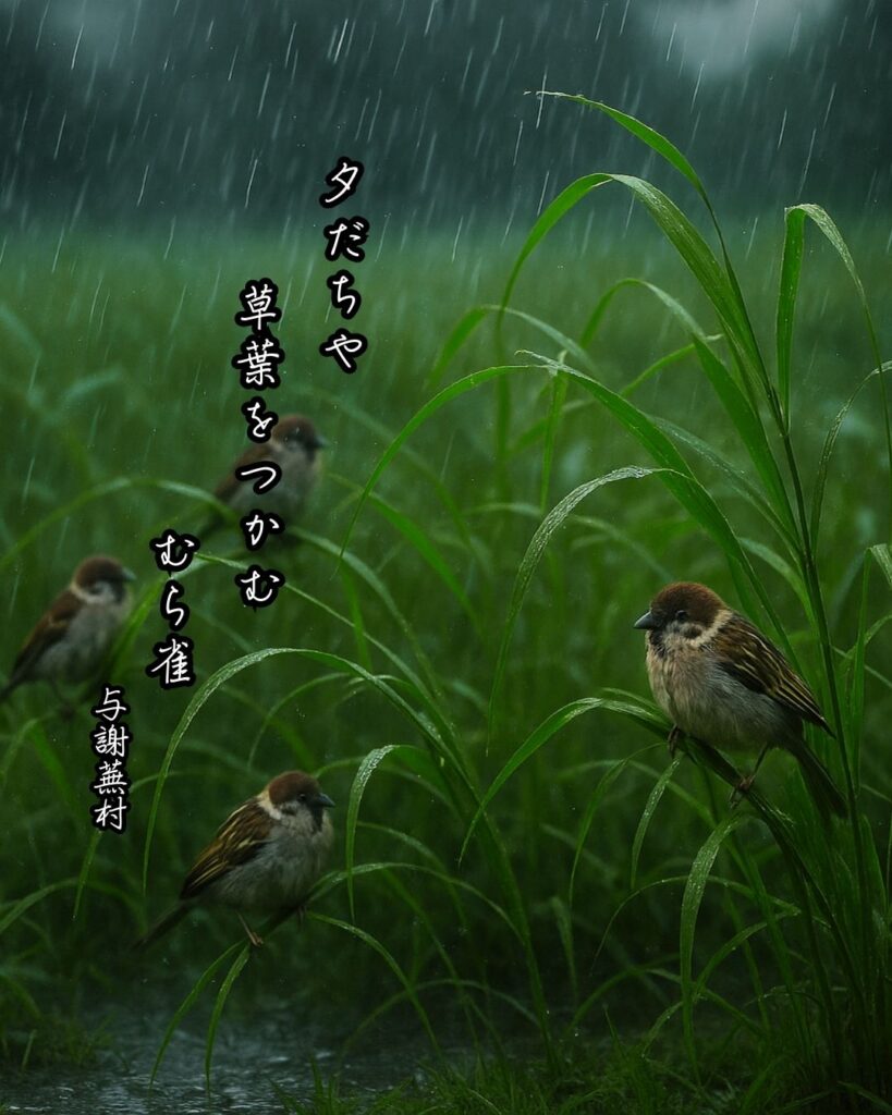 与謝蕪村の俳句まとめ ― 生涯・作風・名句・俳句一覧 ―「夕だちや　草葉をつかむ　むら雀」与謝蕪村作俳句イメージ画像