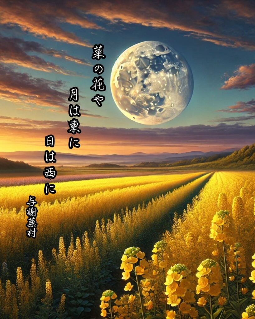 与謝蕪村の俳句まとめ ― 生涯・作風・名句・俳句一覧 ―「菜の花や　月は東に　日は西に」与謝蕪村作俳句イメージ画像