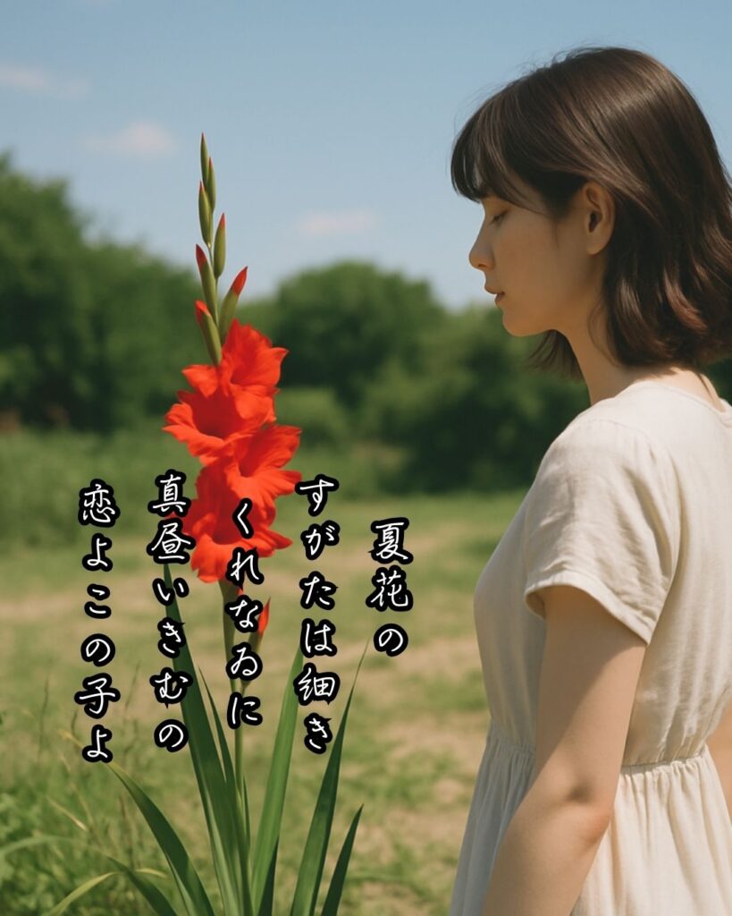 与謝野晶子の短歌まとめ ― 生涯・作風・名歌・短歌一覧 ―「夏花の すがたは細き くれなゐに 真昼いきむの 恋よこの子よ」与謝野晶子短歌イメージ画像