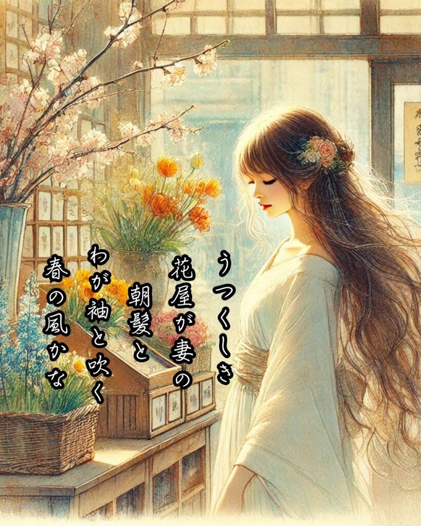 与謝野晶子の短歌まとめ ― 生涯・作風・名歌・短歌一覧 ―「うつくしき 花屋が妻の 朝髪と わが袖と吹く 春の風かな」与謝野晶子短歌イメージ画像