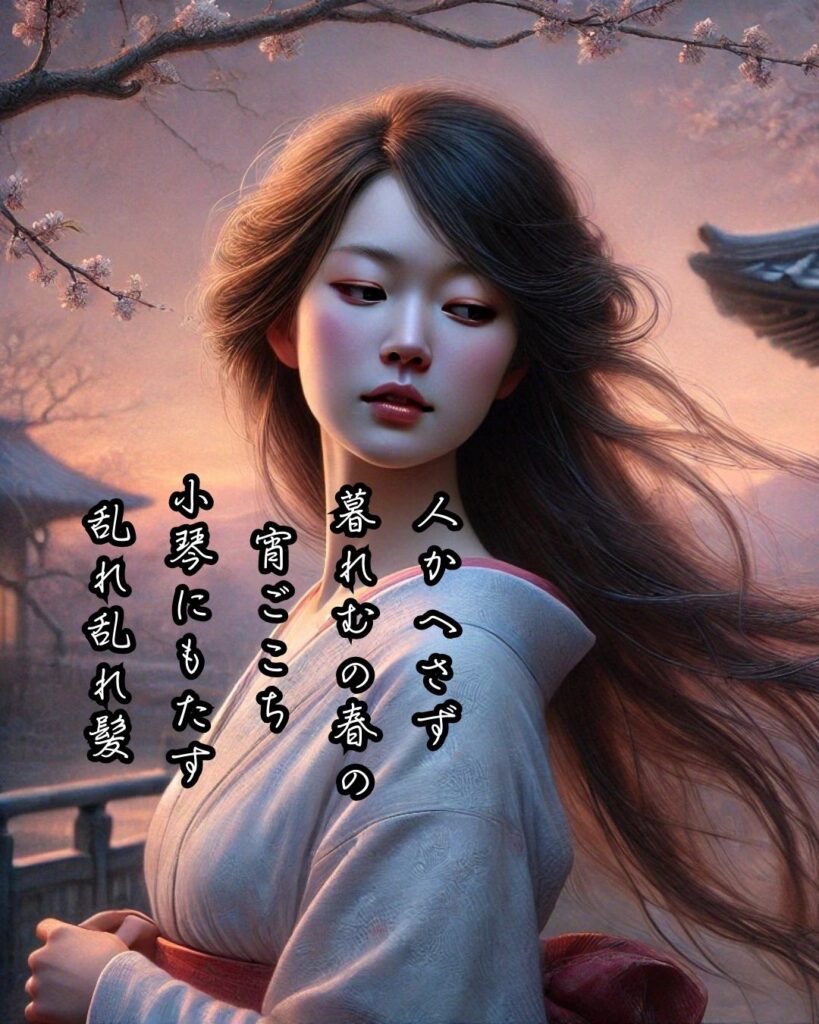 与謝野晶子の短歌まとめ ― 生涯・作風・名歌・短歌一覧 ―「人かへさず 暮れむの春の 宵ごこち 小琴にもたす 乱れ乱れ髪」与謝野晶子短歌イメージ画像