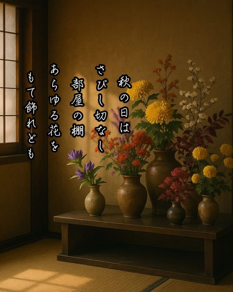 与謝野晶子の短歌まとめ ― 生涯・作風・名歌・短歌一覧 ―「秋の日は さびし切なし 部屋の棚 あらゆる花を もて飾れども」与謝野晶子短歌イメージ画像