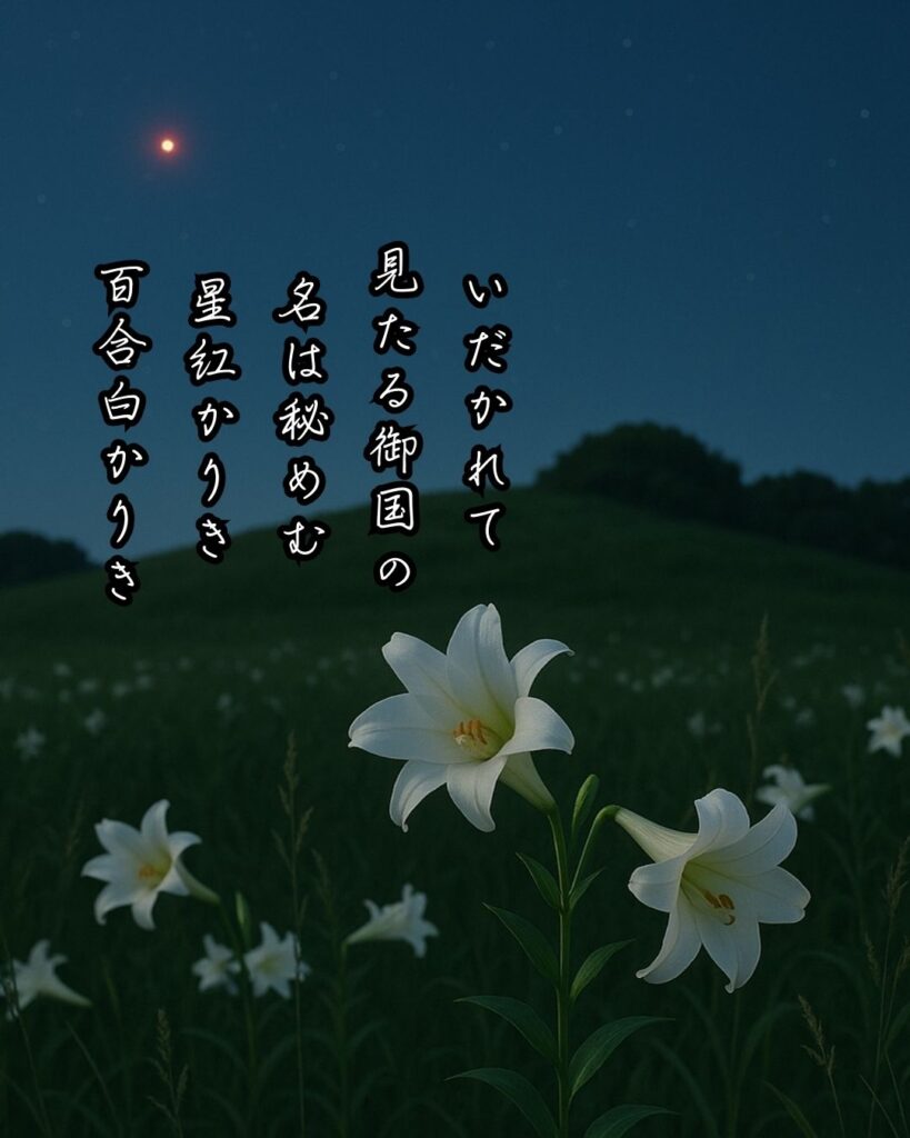 与謝野鉄幹の短歌まとめ ― 生涯・作風・名歌・短歌一覧 ―「いだかれて 見たる御国の 名は秘めむ 星紅かりき 百合白かりき」与謝野鉄幹短歌イメージ画像
