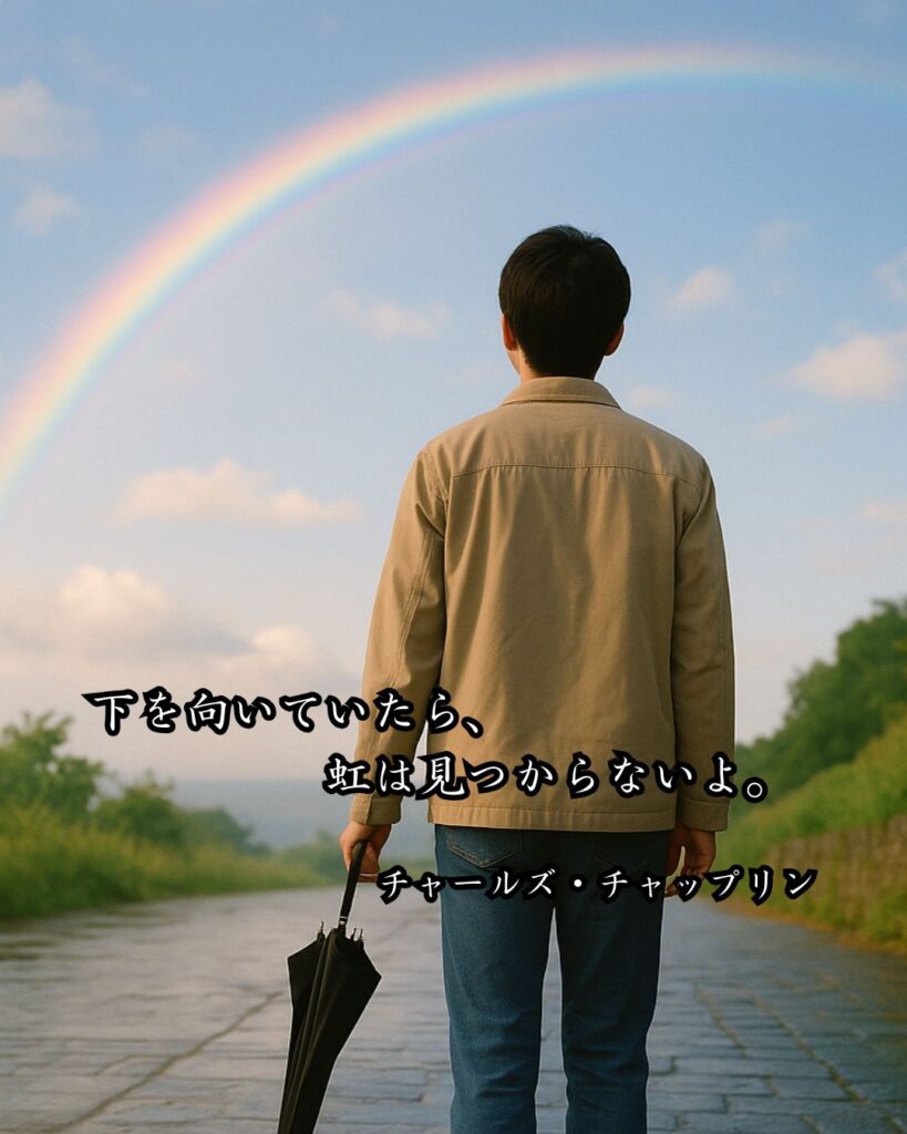 芸能人の名言まとめ ― 思想・生き方・名言一覧 ―「下を向いていたら、虹は見つからないよ。」チャールズ・チャップリン名言イメージ画像
