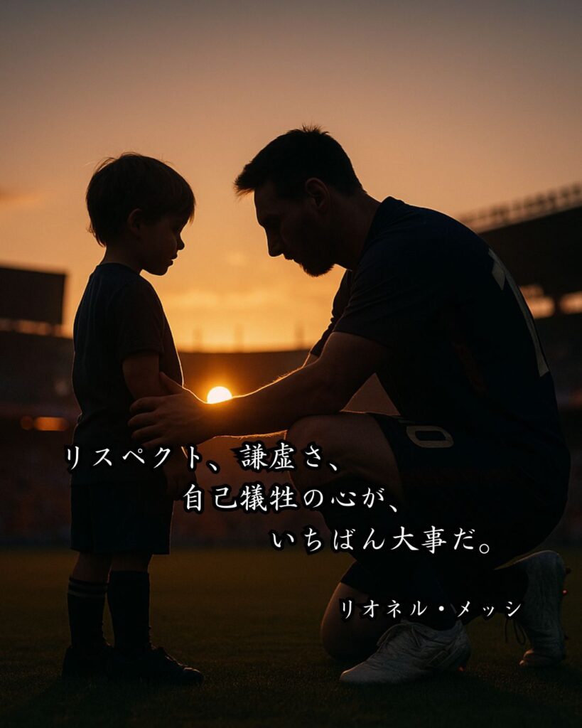 アスリートの名言まとめ ― 思想・生き方・名言一覧 ―「リスペクト、謙虚さ、自己犠牲の心が、いちばん大事だ。」リオネル・メッシ名言イメージ画像
