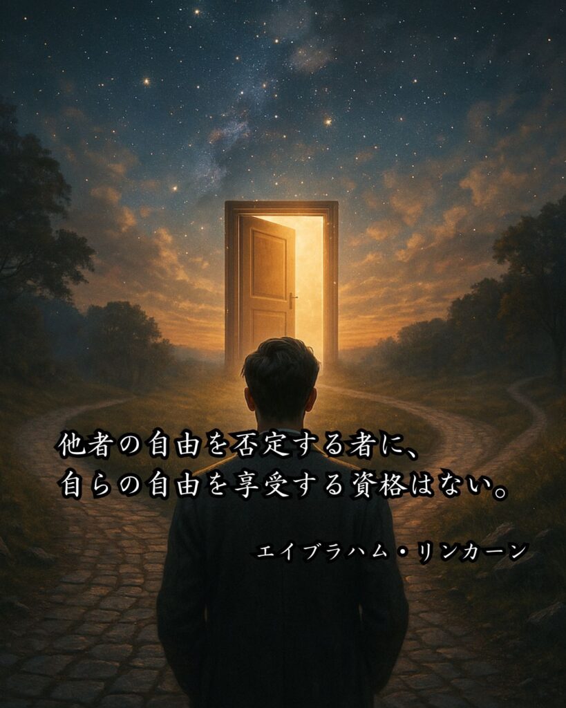 政治家の名言まとめ ― 思想・生き方・名言一覧 ―「他者の自由を否定する者に、自らの自由を享受する資格はない。」エイブラハム・リンカーン名言イメージ画像
