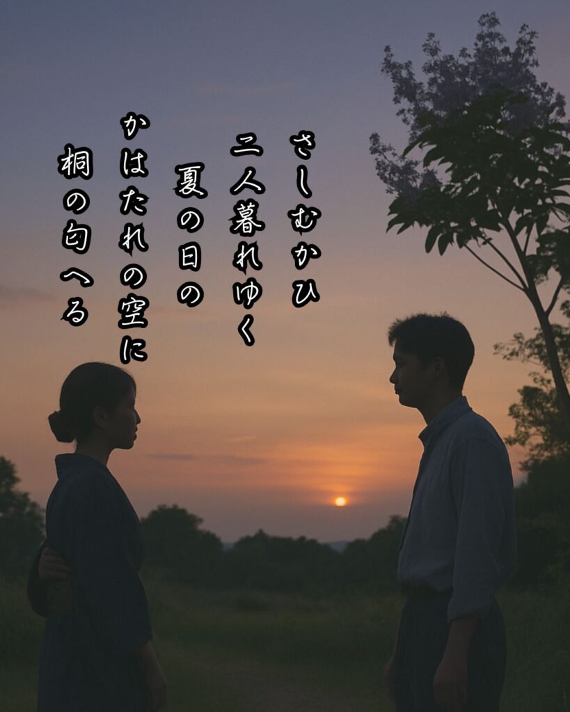 北原白秋の短歌まとめ ― 生涯・作風・名歌・短歌一覧 ―「さしむかひ 二人暮れゆく 夏の日の かはたれの空に 桐の匂へる」北原白秋短歌イメージ画像
