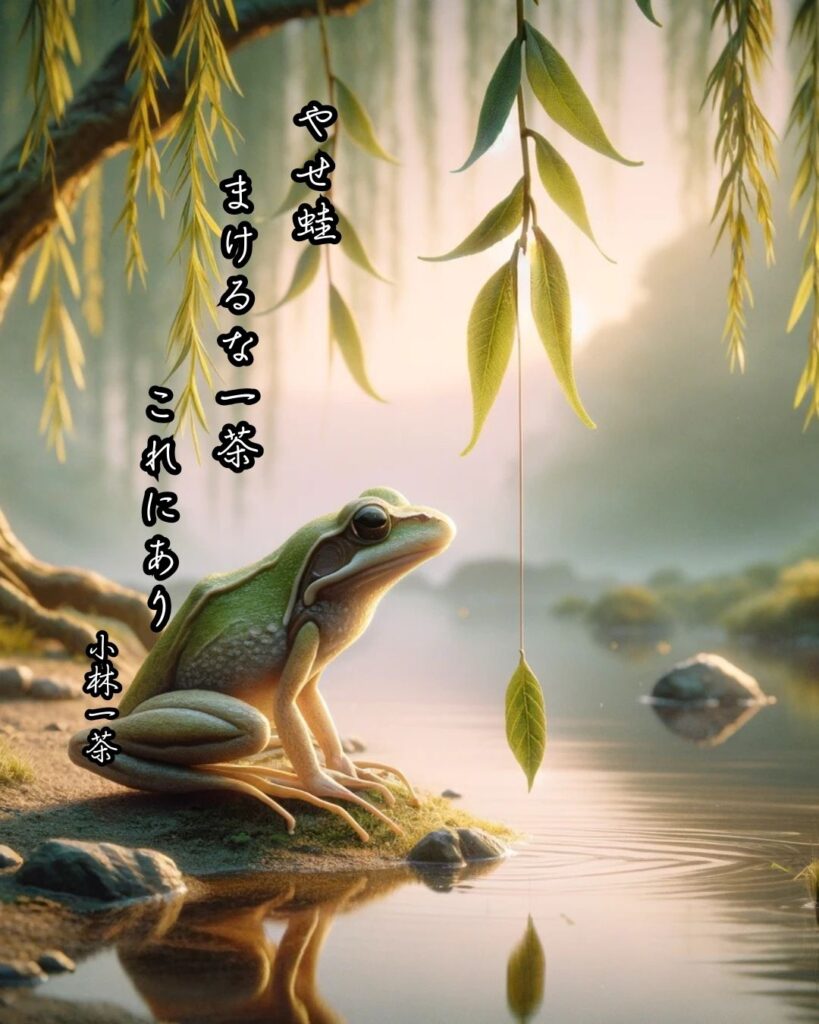 小林一茶の俳句まとめ ― 生涯・作風・名句・俳句一覧 ―「やせ蛙　まけるな一茶　これにあり」小林一茶作俳句イメージ画像
