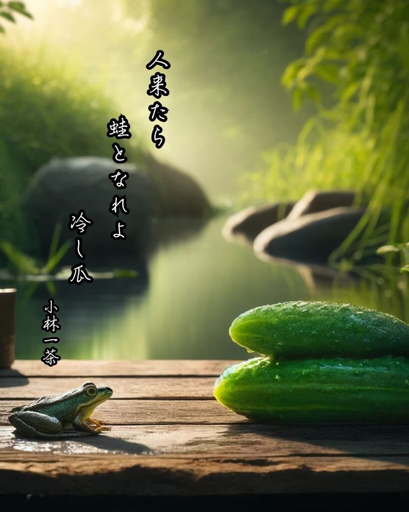 小林一茶の俳句まとめ ― 生涯・作風・名句・俳句一覧 ―「人来たら　蛙となれよ　冷し瓜」小林一茶作俳句イメージ画像