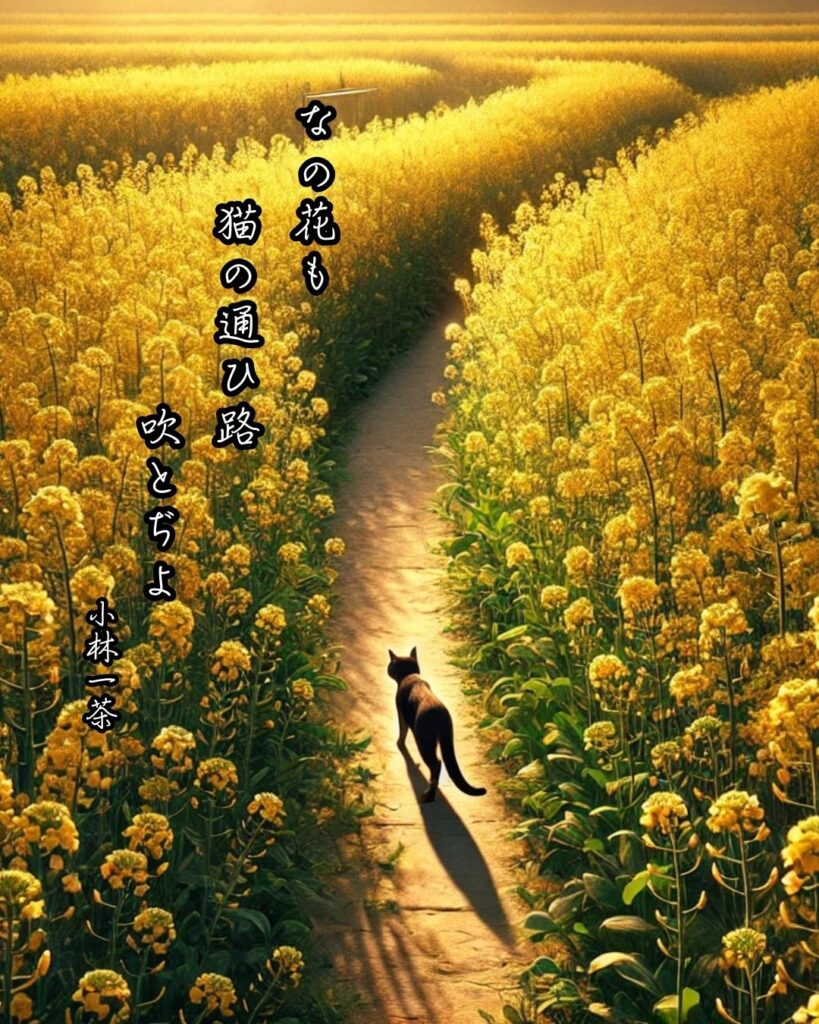 小林一茶の俳句まとめ ― 生涯・作風・名句・俳句一覧 ―「なの花も　猫の通ひ路　吹とぢよ」小林一茶作俳句イメージ画像