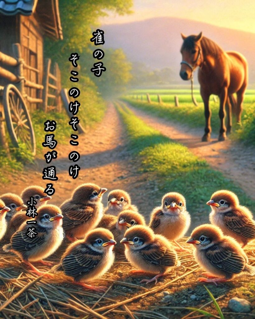 小林一茶の俳句まとめ ― 生涯・作風・名句・俳句一覧 ―「雀の子　そこのけそこのけ　お馬が通る」小林一茶作俳句イメージ画像