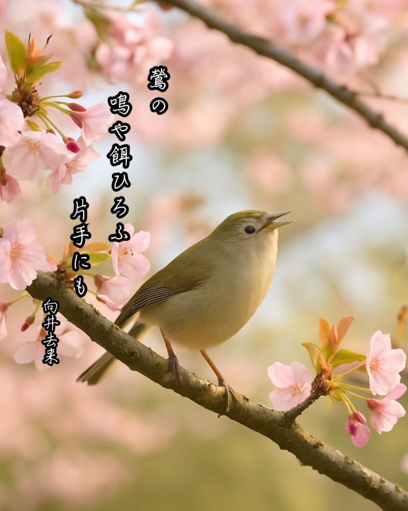 向井去来の俳句まとめ ― 生涯・作風・名句・俳句一覧 ―「鶯の 鳴や餌ひろふ 片手にも」向井去来俳句イメージ画像