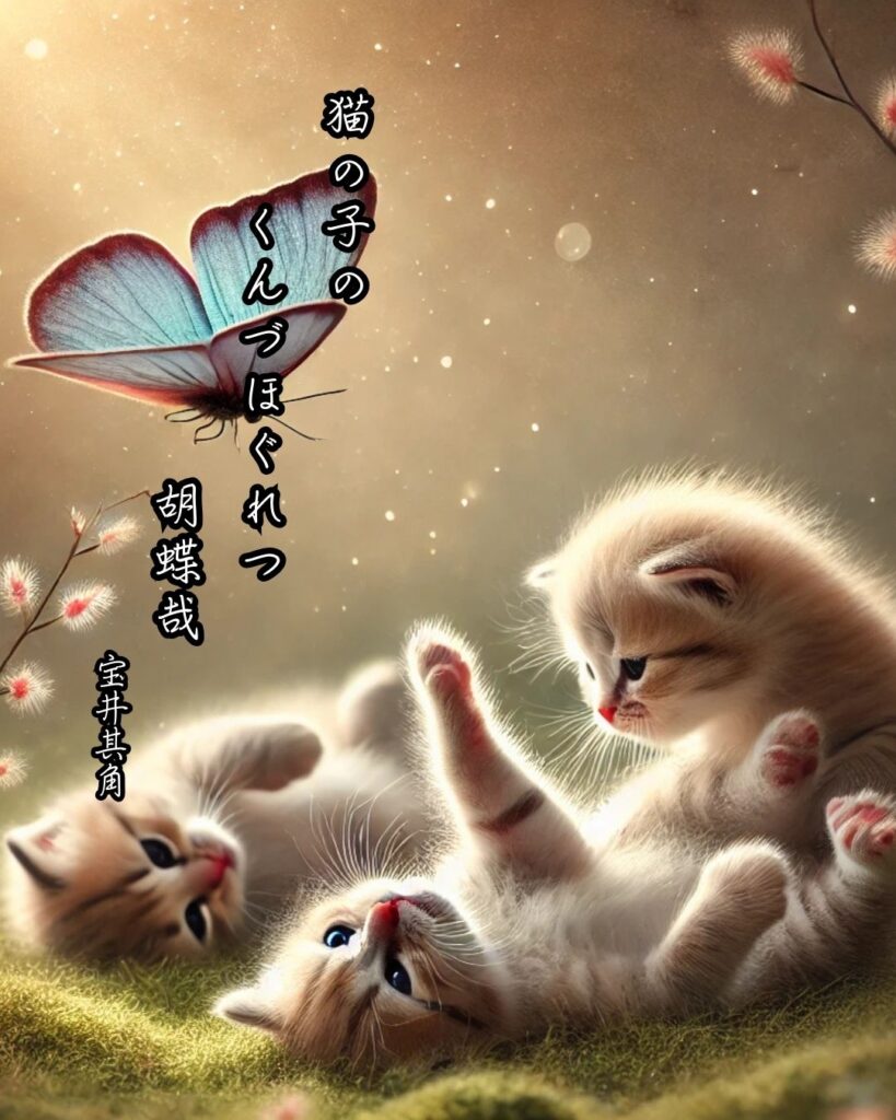 宝井其角の俳句まとめ ― 生涯・作風・名句・俳句一覧 ―「猫の子の　くんづほぐれつ　胡蝶哉」宝井其角俳句イメージ画像
