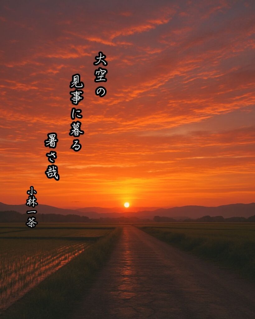小林一茶の俳句まとめ ― 生涯・作風・名句・俳句一覧 ―「大空の　見事に暮る　暑さ哉」小林一茶作俳句イメージ画像