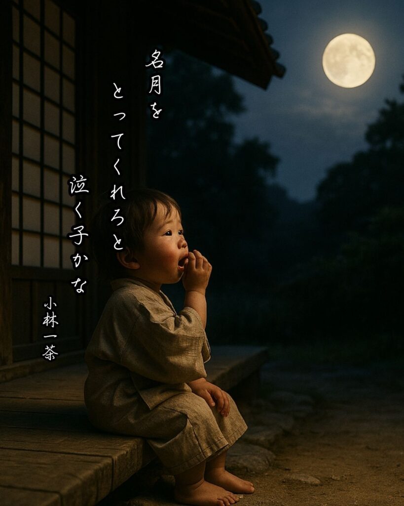 小林一茶の俳句まとめ ― 生涯・作風・名句・俳句一覧 ―「名月を　とってくれろと　泣く子かな」小林一茶作俳句イメージ画像