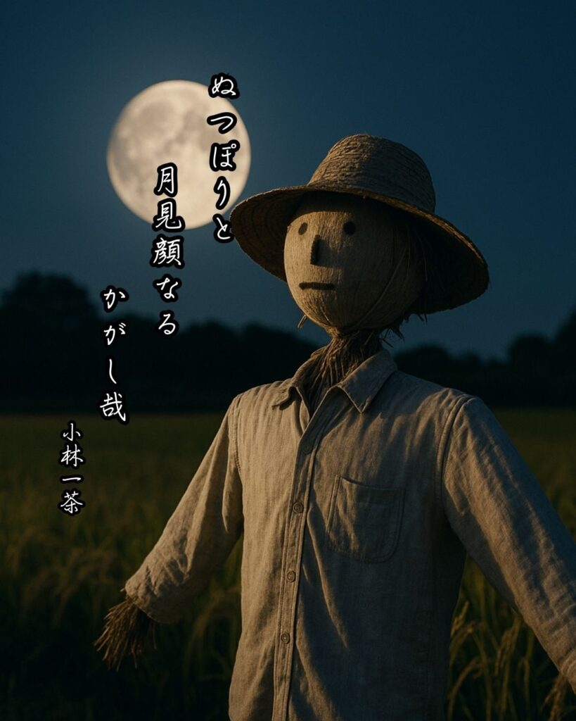 小林一茶の俳句まとめ ― 生涯・作風・名句・俳句一覧 ―「ぬつぽりと　月見顔なる　かがし哉」小林一茶作俳句イメージ画像