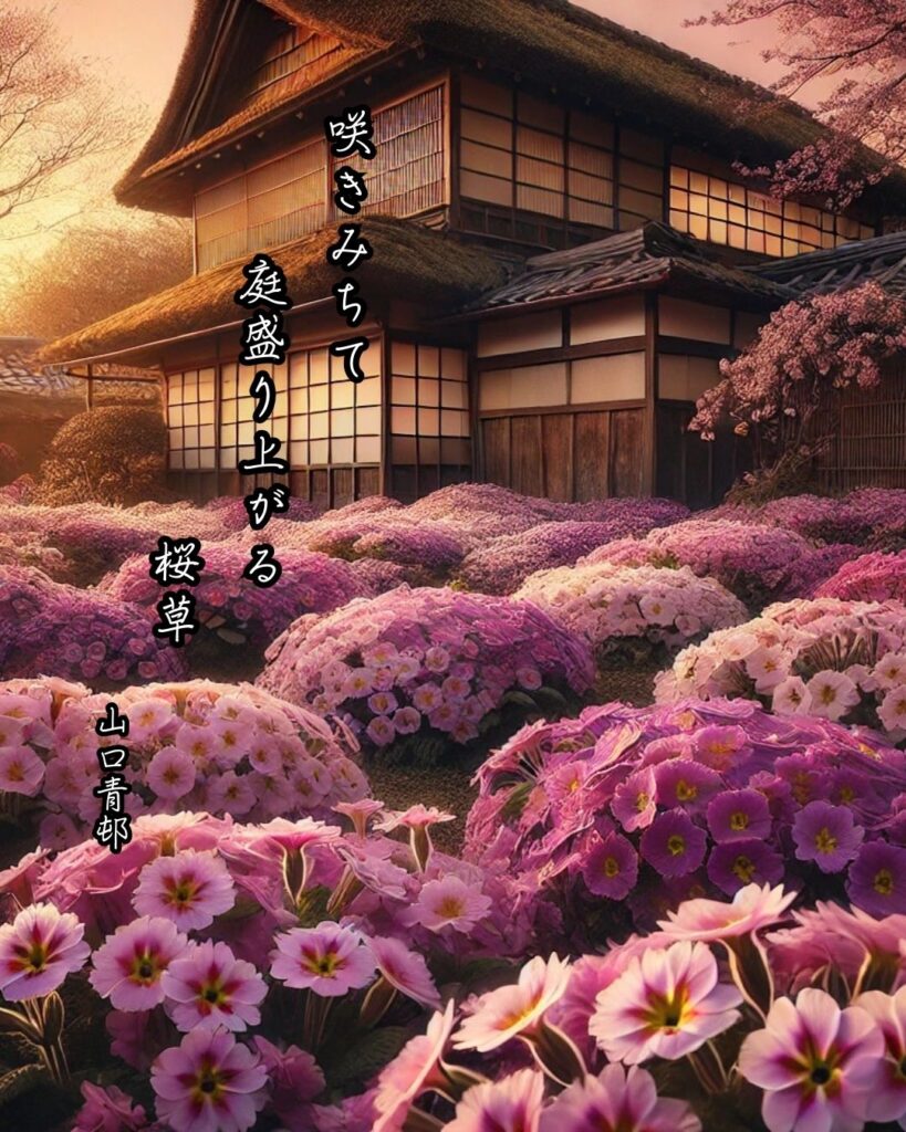 山口青邨の俳句まとめ ― 生涯・作風・名句・俳句一覧 ―「咲きみちて　庭盛り上がる　桜草」山口青邨俳句イメージ画像
