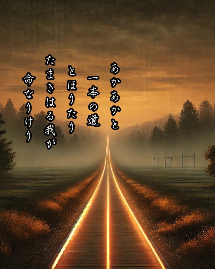 斎藤茂吉の短歌まとめ ― 生涯・作風・名歌・短歌一覧 ―「あかあかと 一本の道とほりたり たまきはる 我が命なりけり」斎藤茂吉短歌イメージ画像
