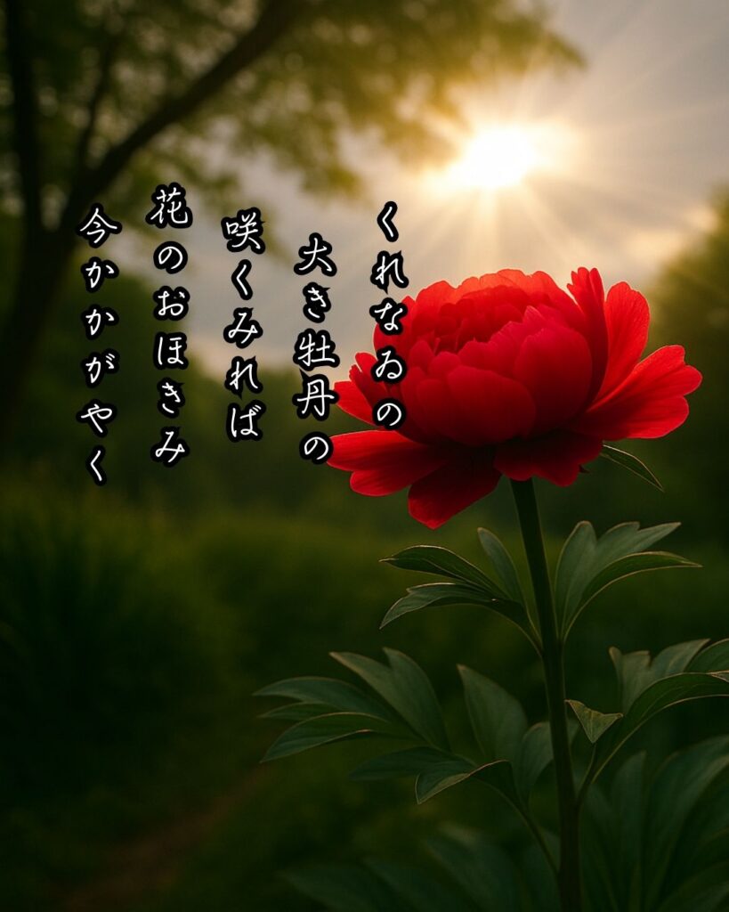 斎藤茂吉の短歌まとめ ― 生涯・作風・名歌・短歌一覧 ―「くれなゐの 大き牡丹の 咲くみれば 花のおほきみ 今かかがやく」斎藤茂吉短歌イメージ画像
