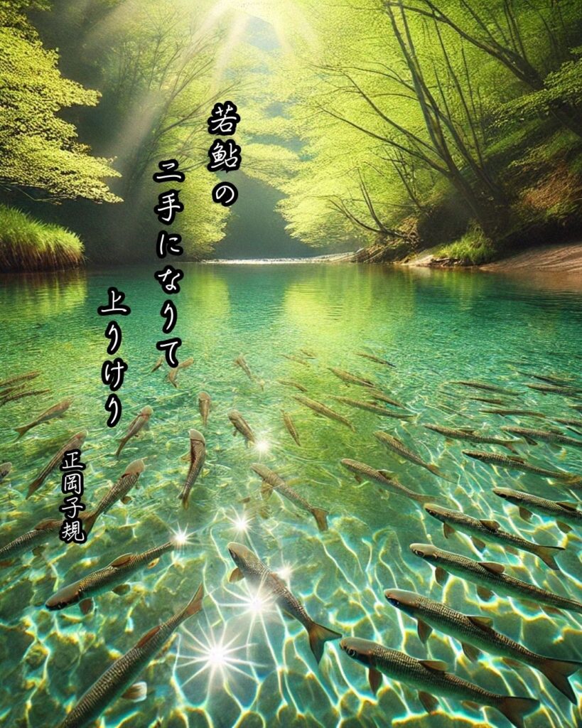 正岡子規の俳句まとめ ― 生涯・作風・名句・俳句一覧 ―「若鮎の 二手になりて 上りけり」正岡子規作俳句イメージ画像