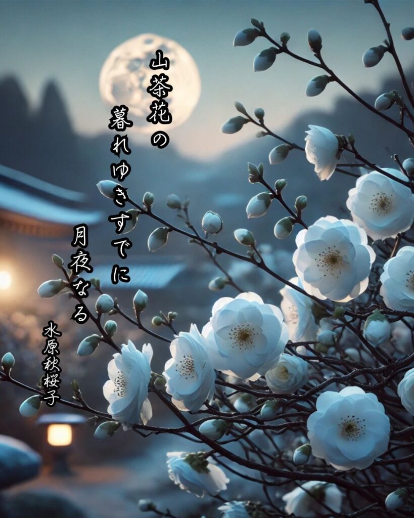 水原秋桜子の俳句まとめ ― 生涯・作風・名句・俳句一覧 ―「山茶花の 暮れゆきすでに 月夜なる」水原秋桜子俳句イメージ画像