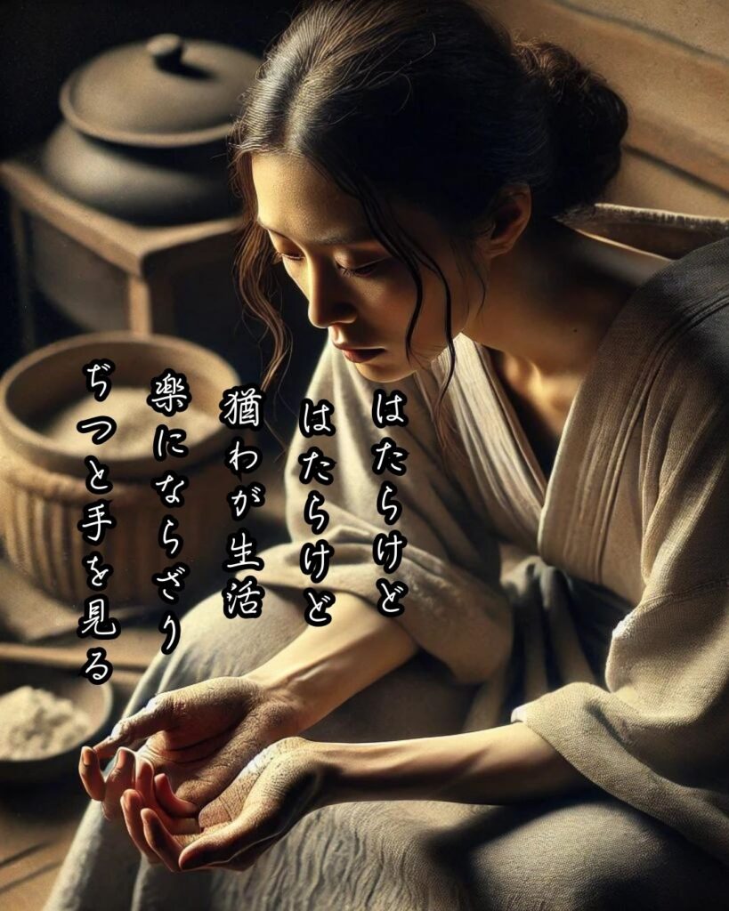 石川啄木の短歌まとめ ― 生涯・作風・名歌・短歌一覧 ―「はたらけど はたらけど 猶わが生活 楽にならざり ぢつと手を見る」石川啄木短歌イメージ画像
