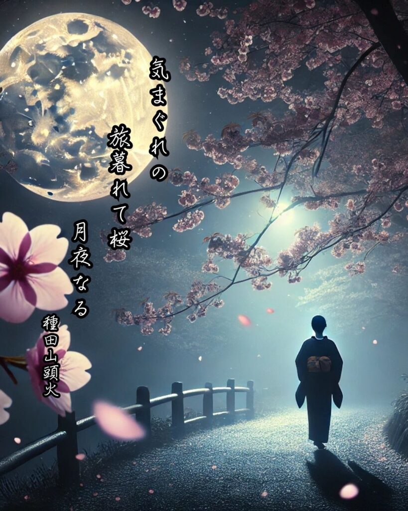 種田山頭火の俳句まとめ ― 生涯・作風・名句・俳句一覧 ―「気まぐれの　旅暮れて桜　月夜なる」種田山頭火作俳句イメージ画像
