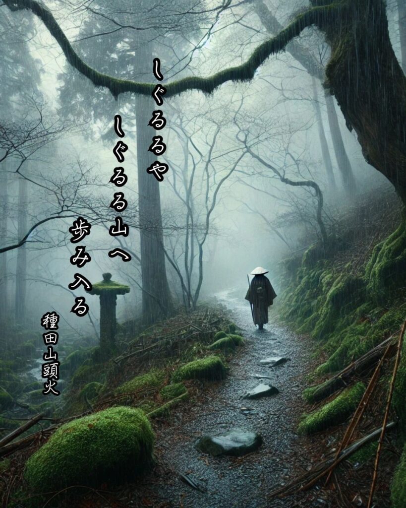 種田山頭火の俳句まとめ ― 生涯・作風・名句・俳句一覧 ―「しぐるるや　しぐるる山へ　歩み入る」種田山頭火作俳句イメージ画像
