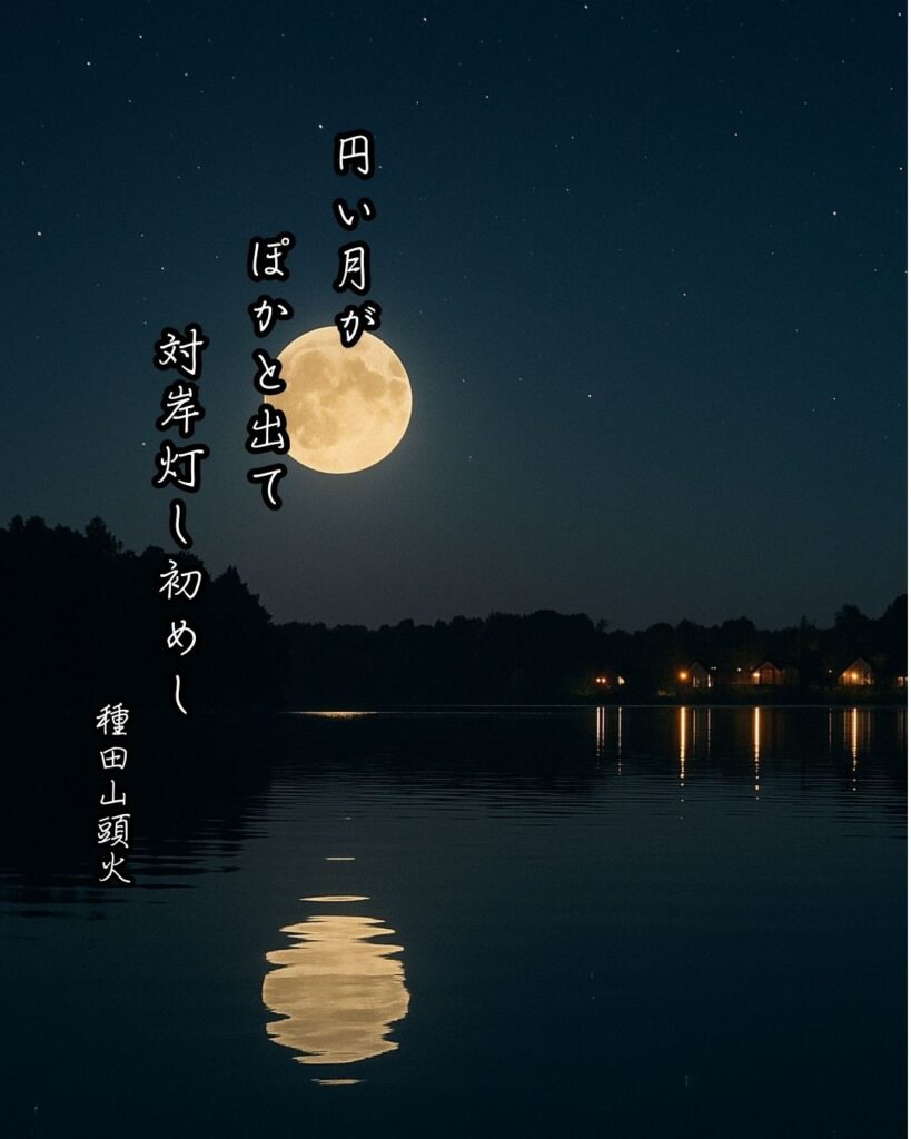 種田山頭火の俳句まとめ ― 生涯・作風・名句・俳句一覧 ―「円い月が ぽかと出て 対岸灯し初めし」種田山頭火作俳句イメージ画像
