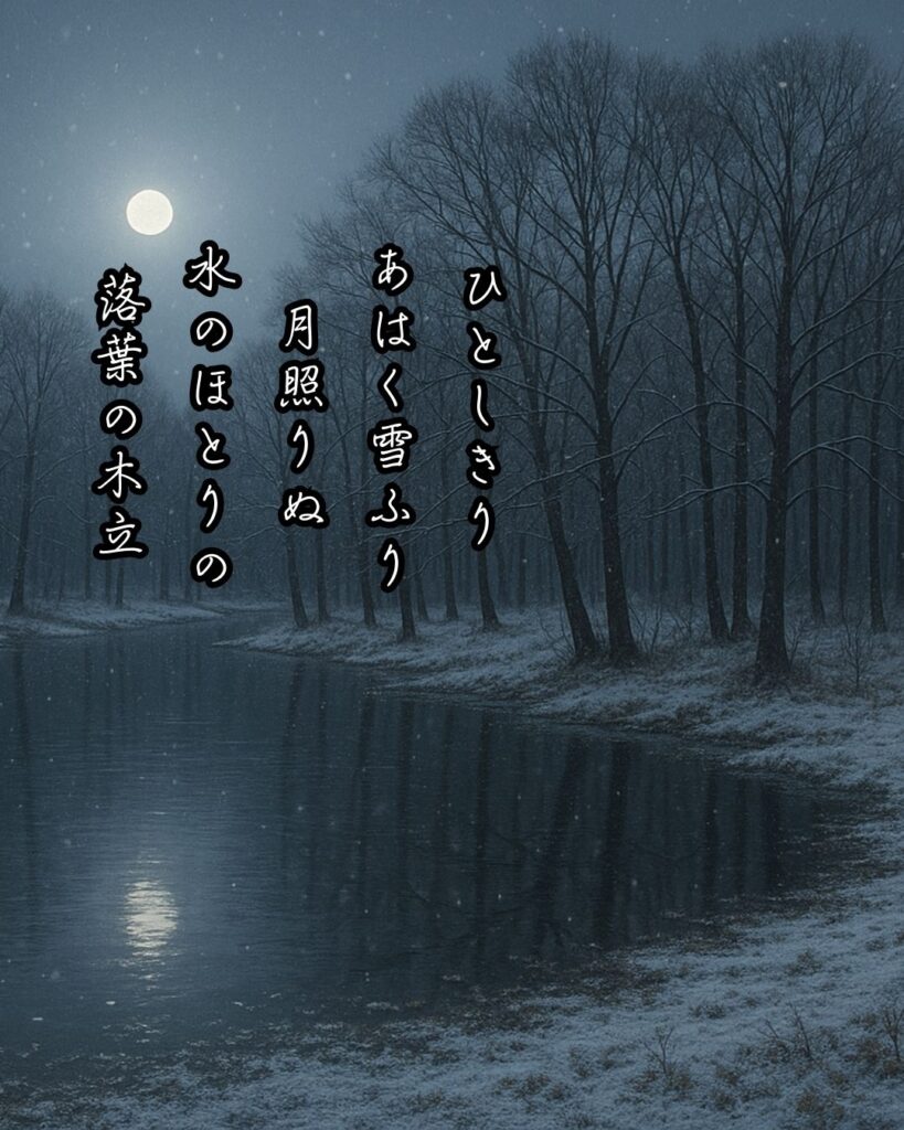 若山牧水の短歌まとめ ― 生涯・作風・名歌・短歌一覧 ―「ひとしきり あはく雪ふり 月照りぬ 水のほとりの 落葉の木立」若山牧水短歌イメージ画像
