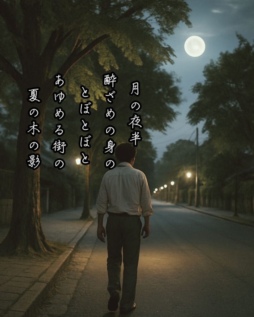 若山牧水の短歌まとめ ― 生涯・作風・名歌・短歌一覧 ―「月の夜半 酔ざめの身の とぼとぼと あゆめる街の 夏の木の影」若山牧水短歌イメージ画像
