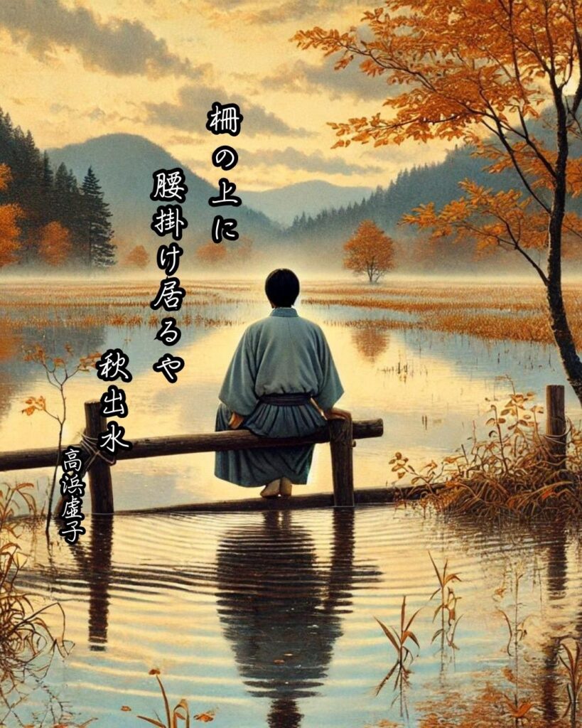 高浜虚子の俳句まとめ ― 生涯・作風・名句・俳句一覧 ―「柵の上に　腰掛け居るや　秋出水」高浜虚子作俳句イメージ画像

