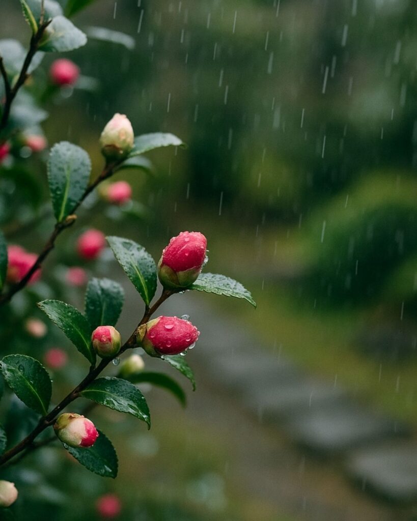 山口青邨の冬の俳句5選-代表作をわかりやすく解説！「山茶花の　蕾そろひぬ　初時雨」この俳句をイメージした画像