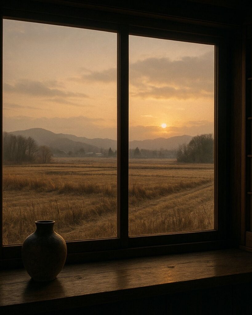 島木赤彦の冬の短歌5選-代表作をわかりやすく解説！「冬枯の 野に向く窓や 夕ぐれの 寒さ早かり 日は照しつつ」この短歌をイメージした画像