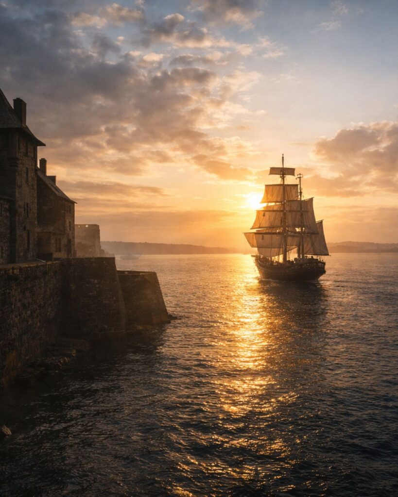 コロンブスの名言9選–挑戦の原点「太陽の光を追い、私たちは旧世界を後にした。」この名言のイメージイラスト