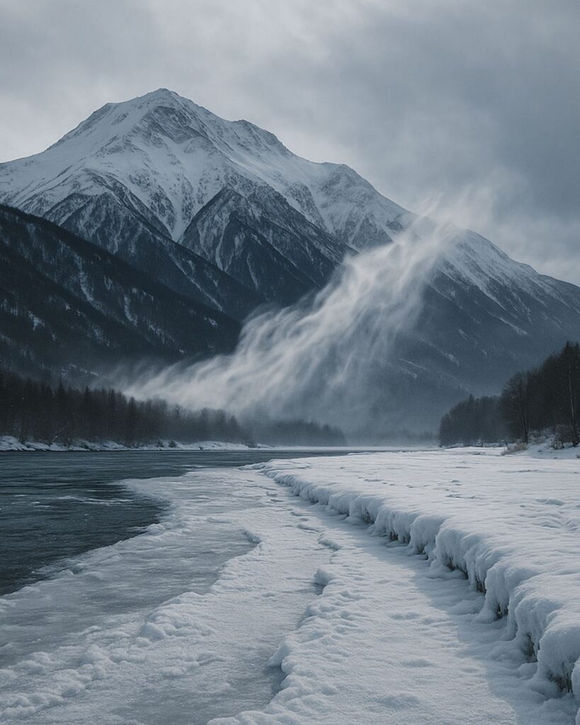 中村憲吉の冬の短歌5選-代表作をわかりやすく解説!「雪山よ かぜ吹きつげり 凍りたる 川瀬の岸の いく朝とけず」この短歌をイメージした画像