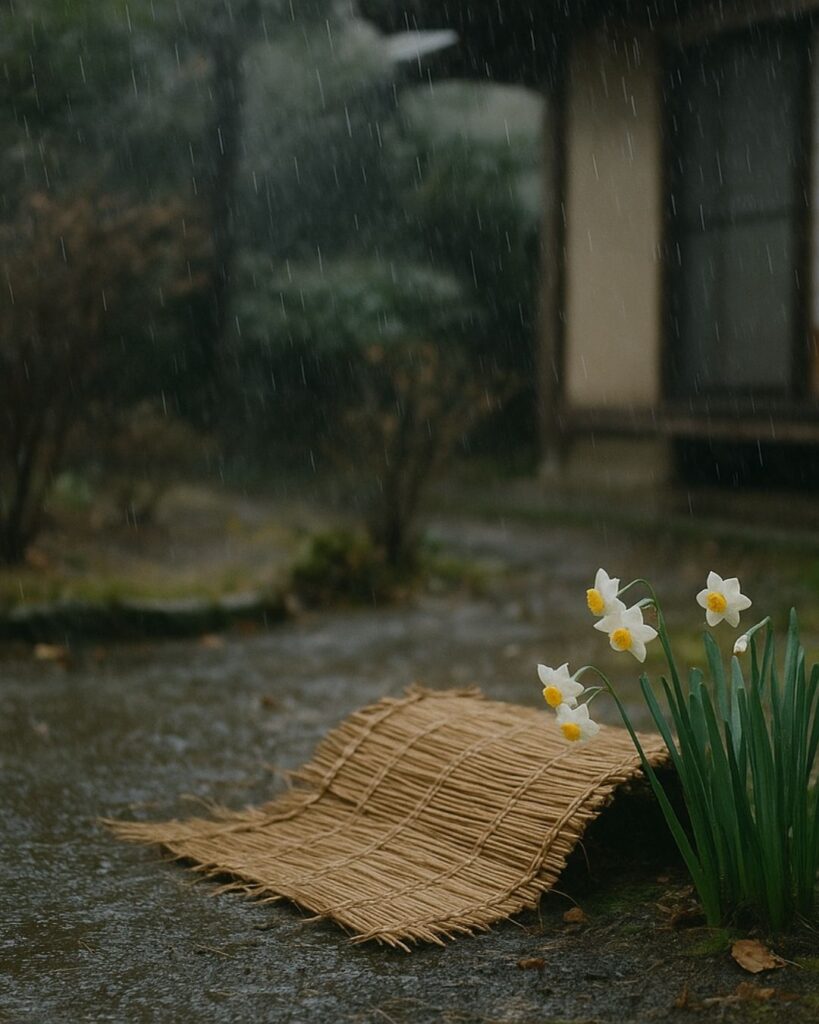 長塚節の冬の短歌5選-代表作をわかりやすく解説！「水仙の 花にむしろも おほひあへず 小さき庭を かせ時雨きぬ」この短歌をイメージした画像
