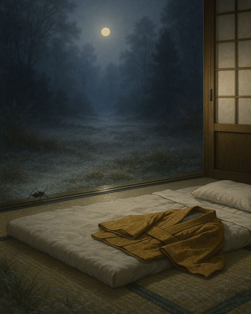 百人一首第91番 九条良経『きりぎりす』背景解説–霜夜のひとり寝「きりぎりす　鳴くや霜夜の　さむしろに　衣かたしき　ひとりかも寝む」の情景をテーマにしたイメージの画像
