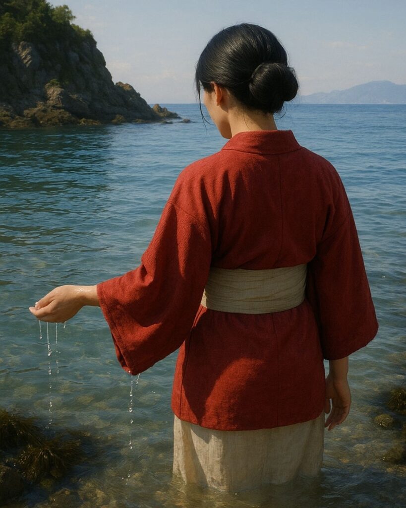 百人一首第90番 殷富門院大輔『見せばやな』背景解説–変はらぬ色「見せばやな　雄島の海人の　袖だにも　濡れにぞ濡れし　色は変はらず」の情景をテーマにした和歌とイメージの画像
