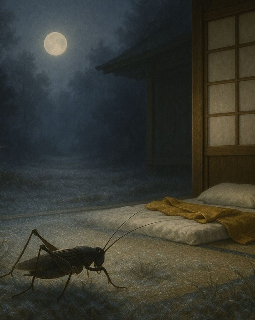 百人一首第91番 九条良経『きりぎりす』背景解説–霜夜のひとり寝「きりぎりす　鳴くや霜夜の　さむしろに　衣かたしき　ひとりかも寝む」の情景をテーマにしたイメージの画像
