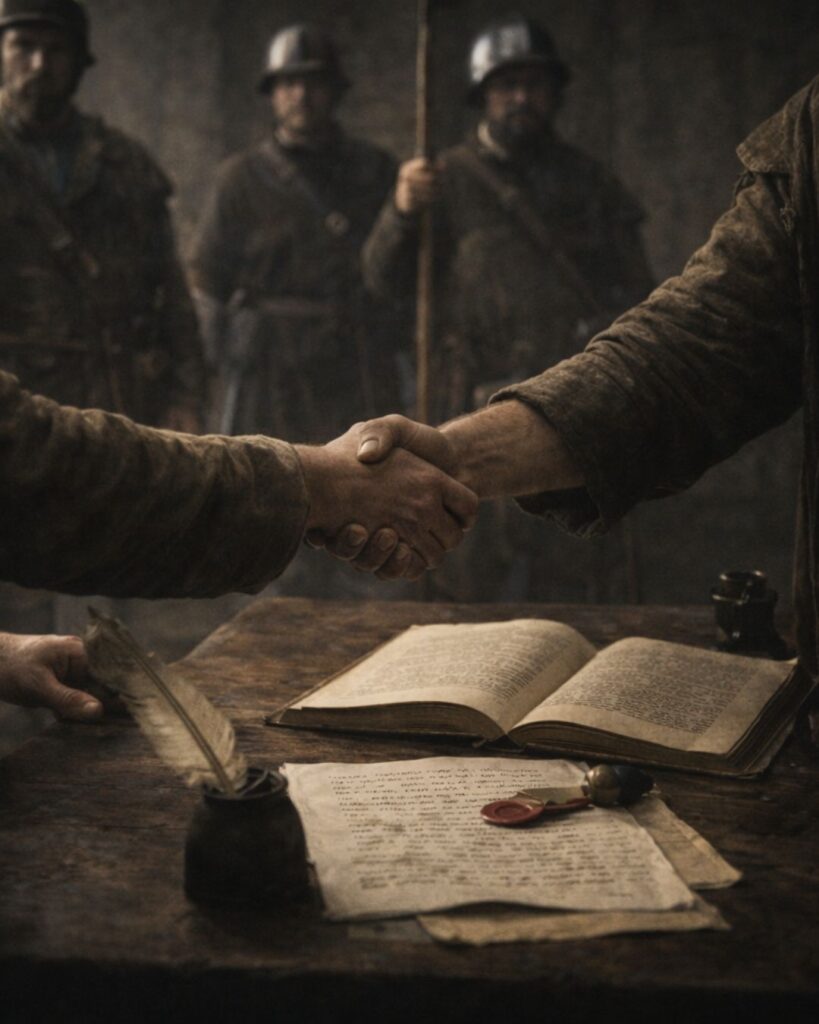 トマス・ホッブズの名言9選–安全と恐れの哲学「契約は、強制力を伴わなければ守られない。」この名言のイメージイラスト