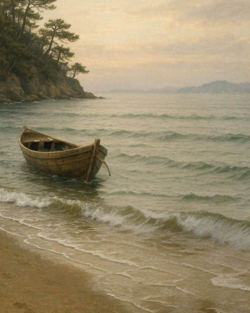 百人一首第93番 源実朝『世の中は』背景解説–常ならぬ世「世の中は　常にもがもな　渚漕ぐ　海人の小舟の　綱手かなしも」の情景をテーマにしたイメージの画像
