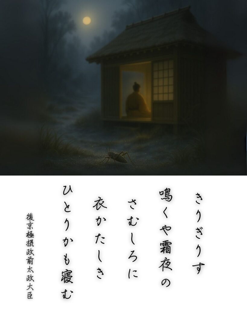 百人一首第91番 九条良経『きりぎりす』背景解説–霜夜のひとり寝「きりぎりす　鳴くや霜夜の　さむしろに　衣かたしき　ひとりかも寝む」の情景をテーマにした和歌とイメージの画像
