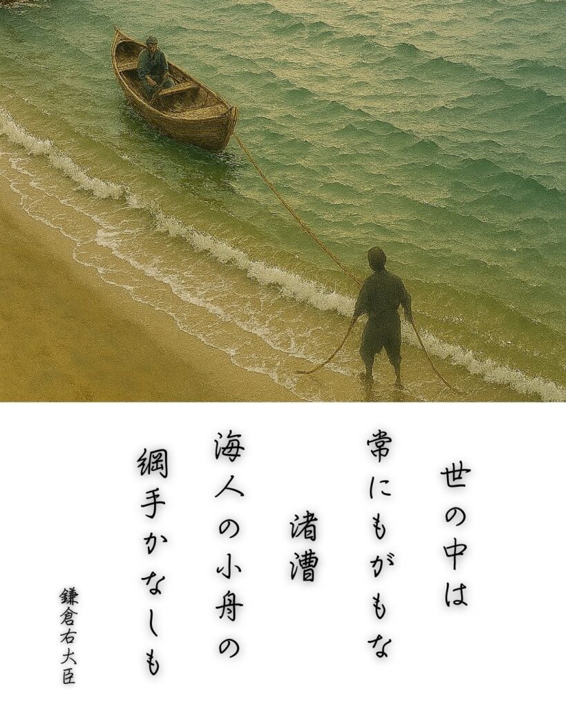 百人一首第93番 源実朝『世の中は』背景解説–常ならぬ世「世の中は　常にもがもな　渚漕ぐ　海人の小舟の　綱手かなしも」の情景をテーマにした和歌とイメージの画像

