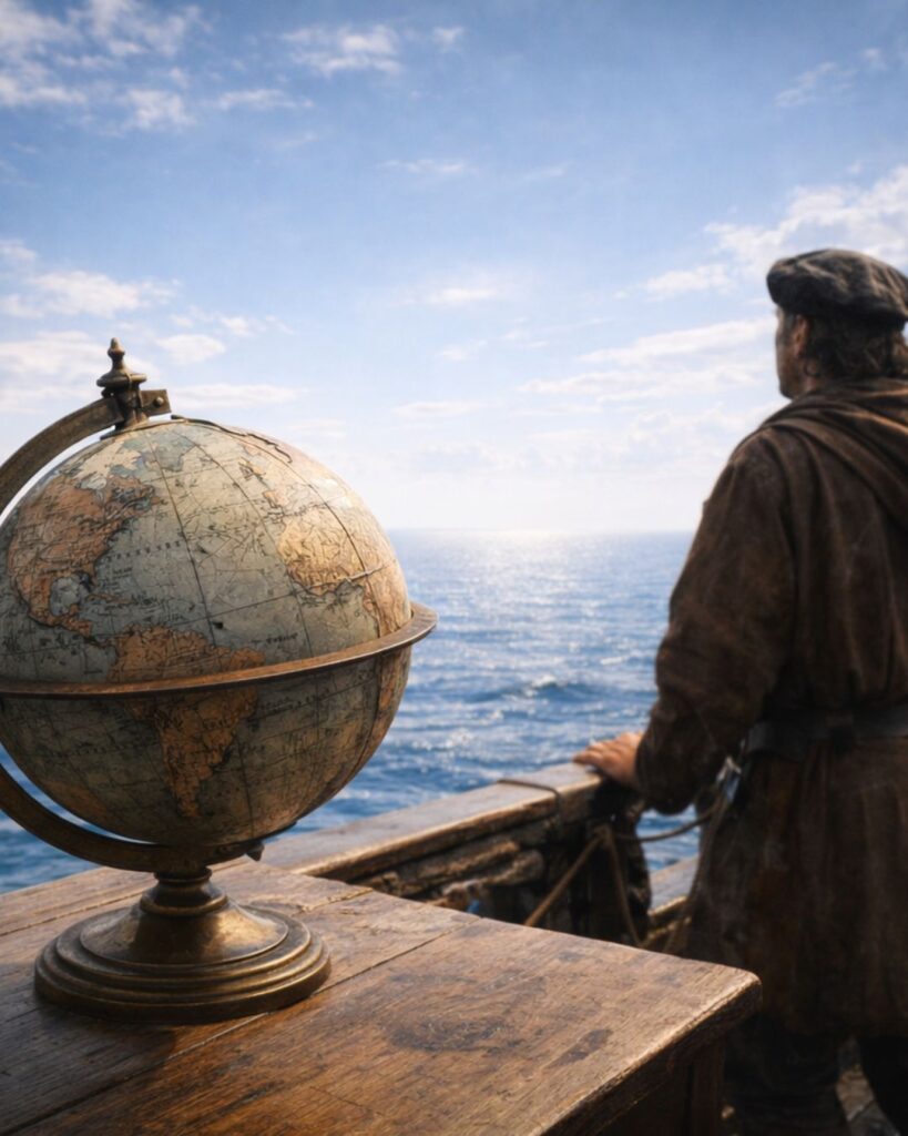 コロンブスの名言9選–挑戦の原点「地球は球体であり、西へ進めば東へ至る。」この名言のイメージイラスト